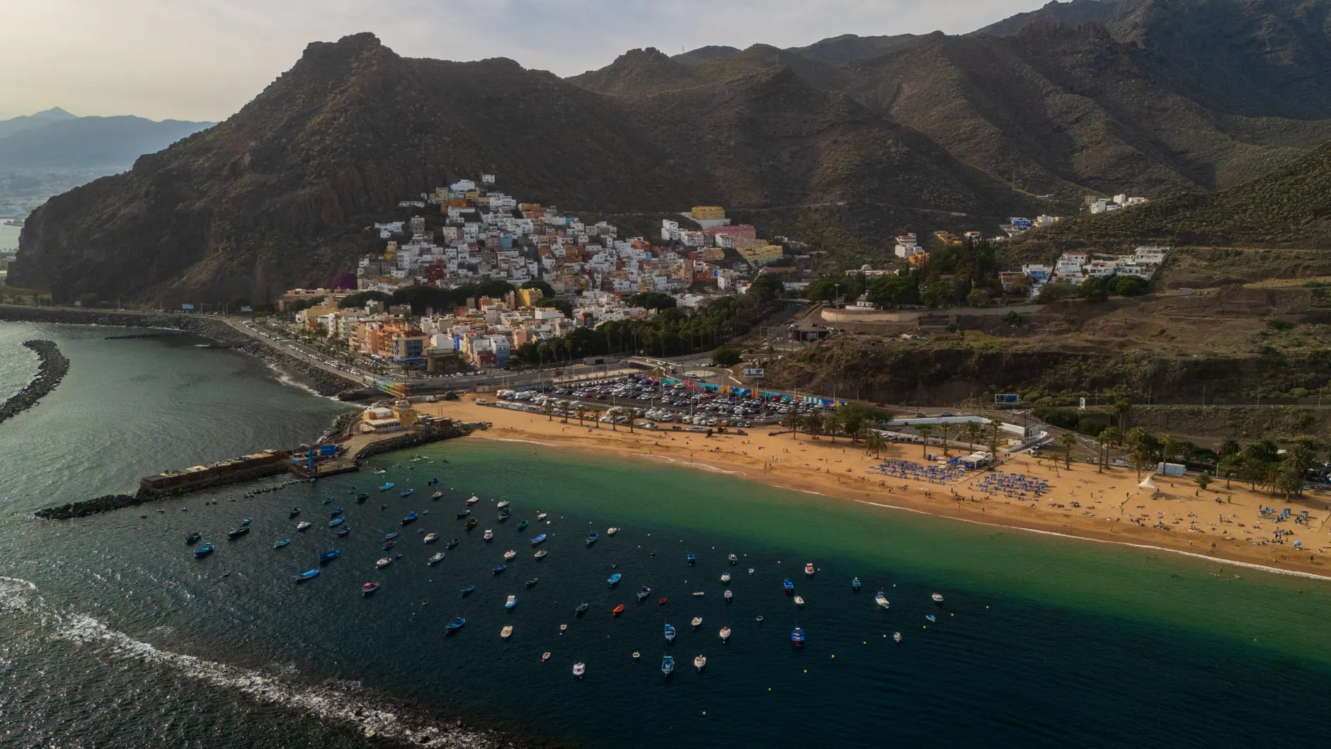 Stunning aerial shot of Playa de las Teresitas and San Andrés village in Tenerife, Spain.