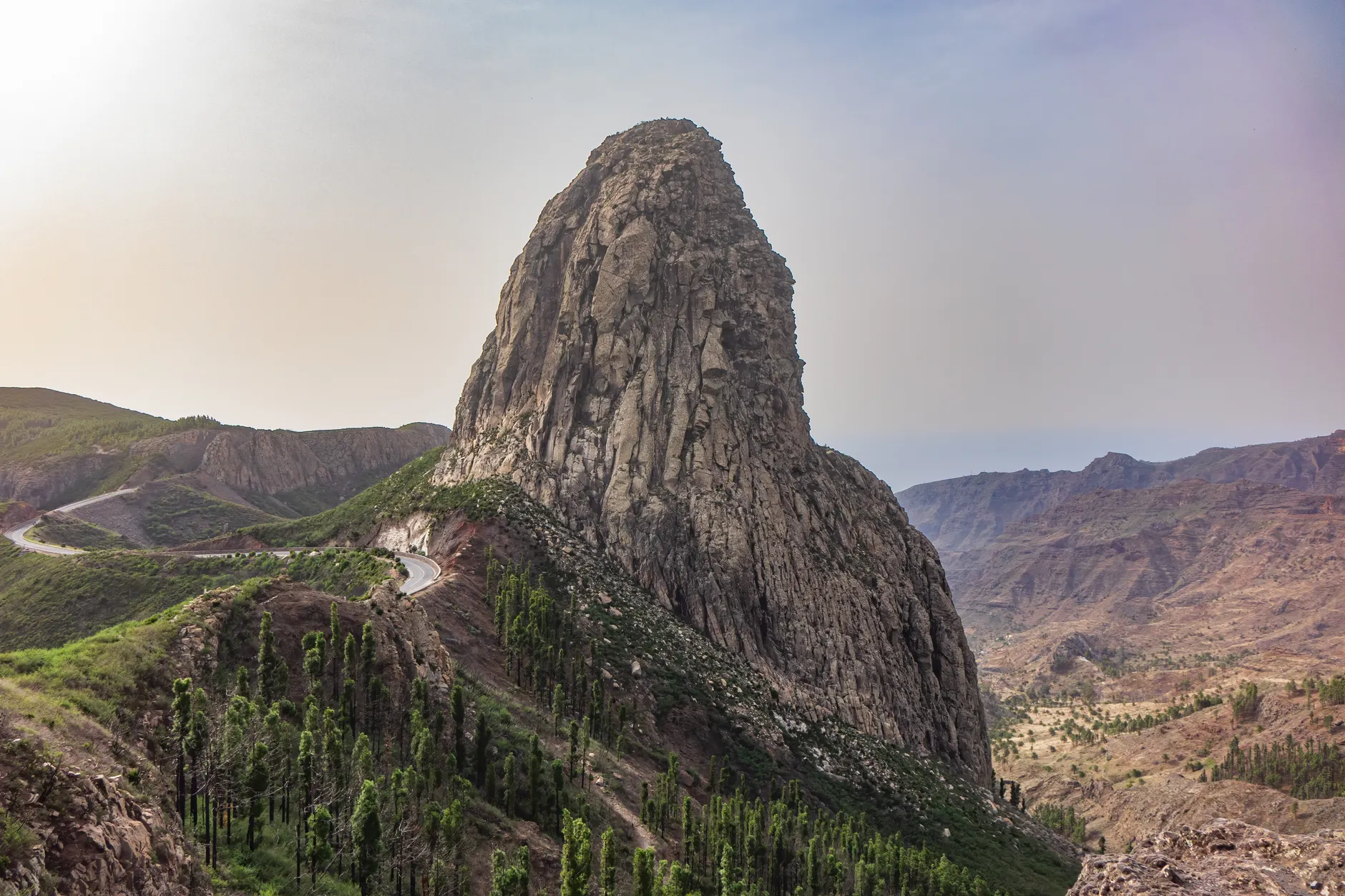Stunning view of Garajonay rock formation in La Gomera, Spain, against a serene landscape.